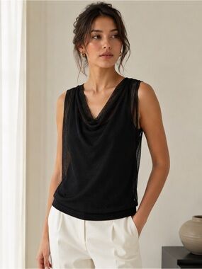 NetWork Black Sheer Mesh Layered Cowl Neck Top Size S